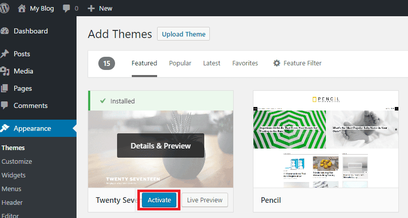 <p>After uploading WordPress to your hosting account and associating it with your domain name, choose and install your theme by going to your WordPress Dashboard > select Appearance > Themes > Install Themes > select a theme > click Install > Activate.</p>