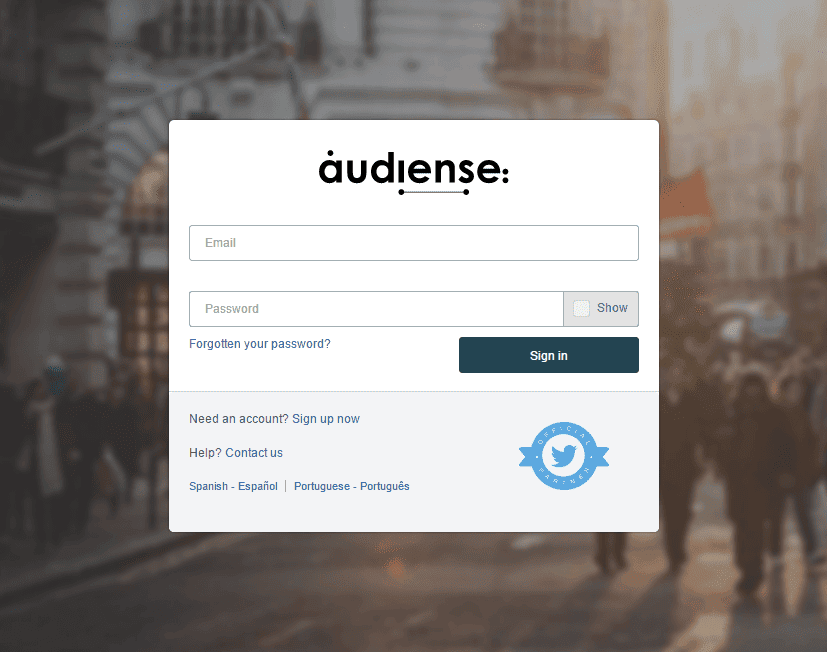 <p>Head over to <a href="https://dashboard.audiense.com">https://dashboard.audiense.com</a> to sign up.</p>