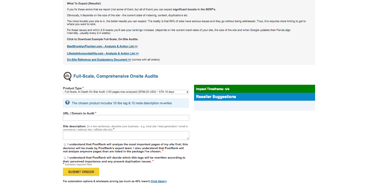 <p>You’ll get a summary of what the recommended order offers. Scroll down to choose a Product Type and enter the Domain to Audit as well as the Site Description. Click Submit Order.</p>