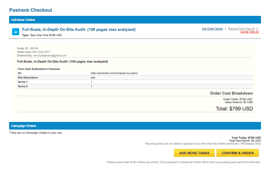 <p>You will be redirected to your checkout page. If you want more, click Add More Tasks. If not, click Confirm & Order.</p>