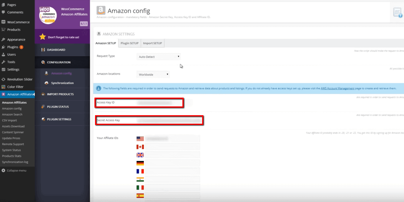 <p>Once the WooCommerce Amazon Affiliates plugin is installed on your website, you can configure it in your Amazon account to retrieve your Access Key ID, your Secret Access Key and your Affiliate ID for each territory. In your Amazon account, head to Woozone > Configuration > Amazon config. Once access is retrieved, hit Check Amazon AWS > Save the Settings.</p>