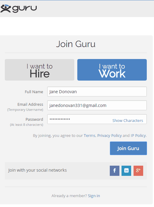 <p>At <a href="http://www.guru.com">http://www.guru.com</a>, click Join Now on the upper right portion of the page > Click I want to Work.</p>