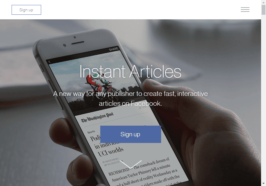 <p>Create and set up your account at <a href="https://instantarticles.fb.com">https://instantarticles.fb.com</a>. </p>