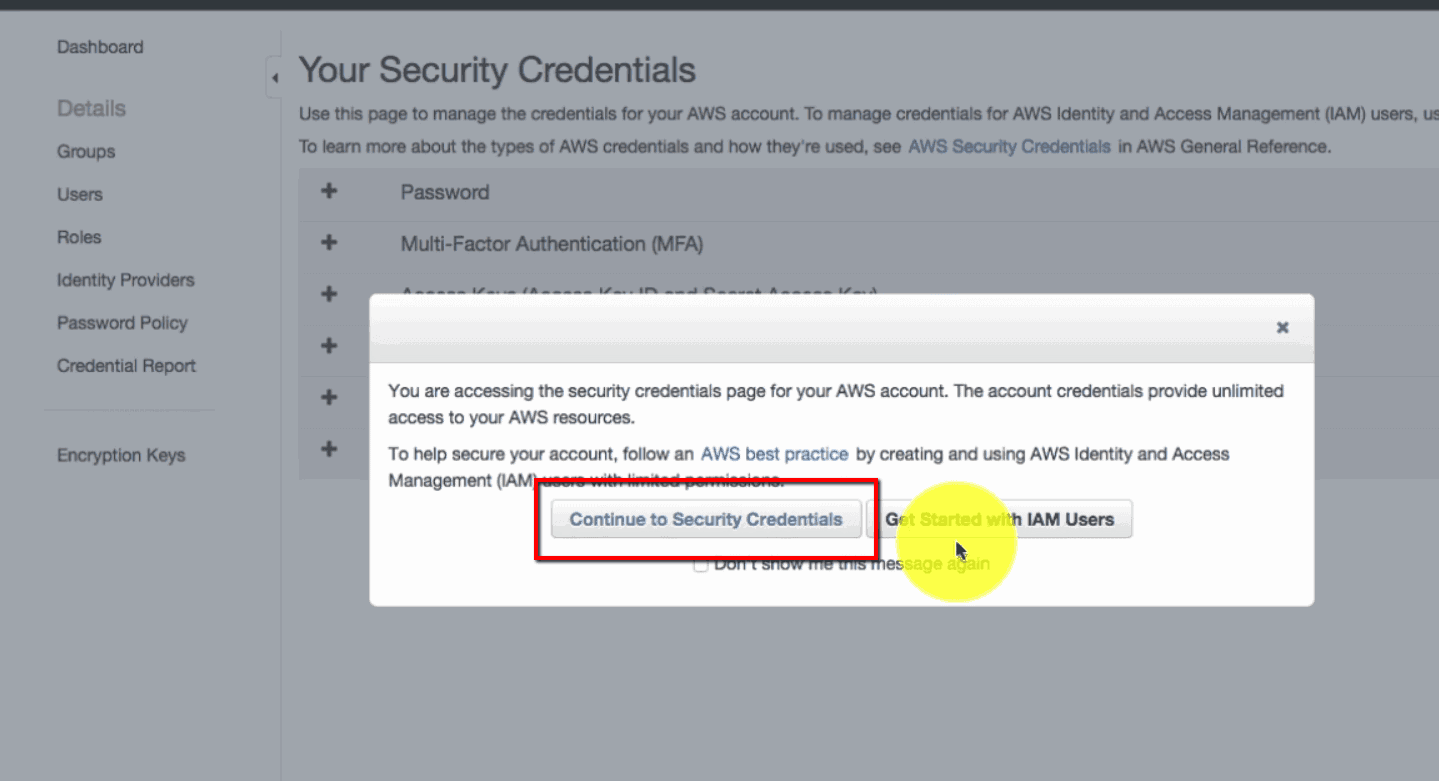 <p>Hover over to the first tab in EasyAzon Settings > Click AWS Account Management Page > Continue to security credentials to get your security credentials.</p>