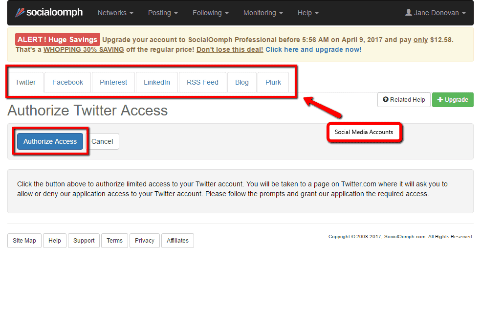 <p>Connect your social media accounts through Networks > Connect Social Account. Click Authorize Access and follow the prompts.</p>
