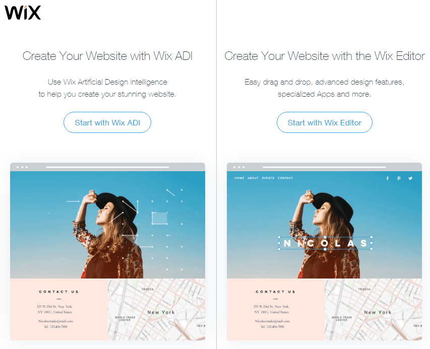 <p>You have the option to use the Wix Artificial Intelligence to build your site by clicking Start with Wix ADI > Follow the prompts and click Publish once done building your site. If you want to build your site using the Wix Editor, click Start with Wix Editor and proceed with the remaining steps.</p>