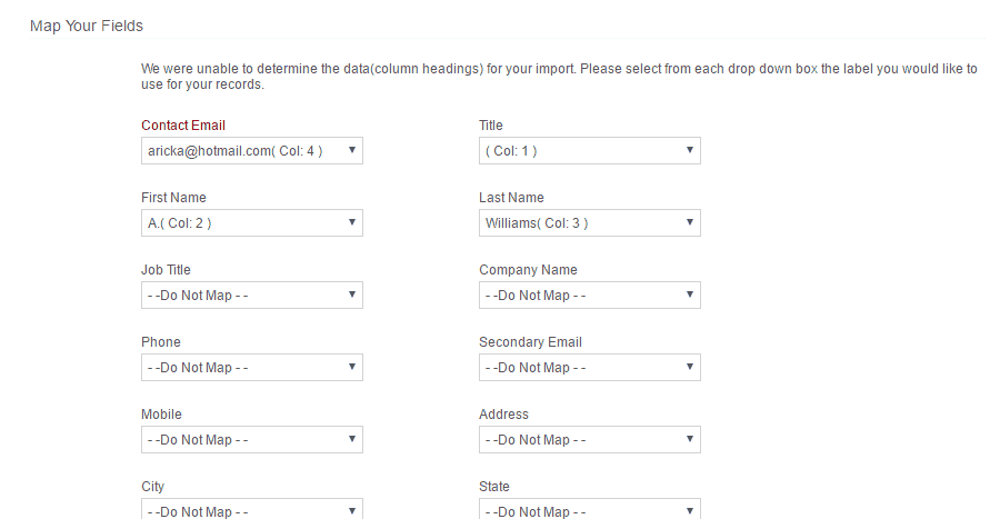 <p>Edit your options on the Map Your Fields page > Click Import > Import from Google Spreadsheets or add a contact manually.</p>