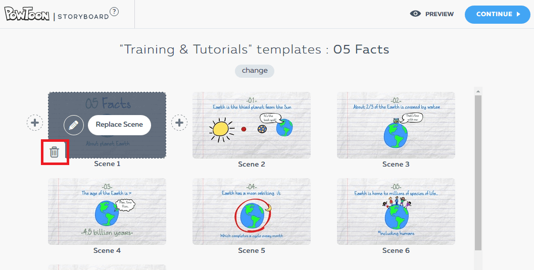 <p>Hover over a scene and click the trash icon to delete it or click Replace Scene.</p>