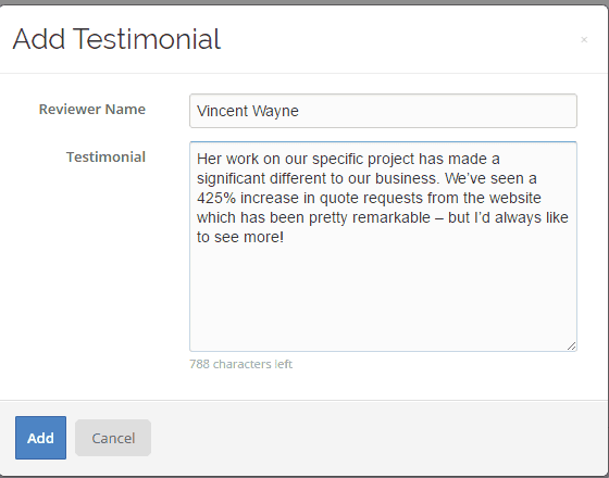 <p>To add a client testimonial to your profile, click Testimonials on the left menu > Click Add a testimonial if it is the first or click the plus icon across Edit Testimonials > Add the testimonial > Click Add.</p>