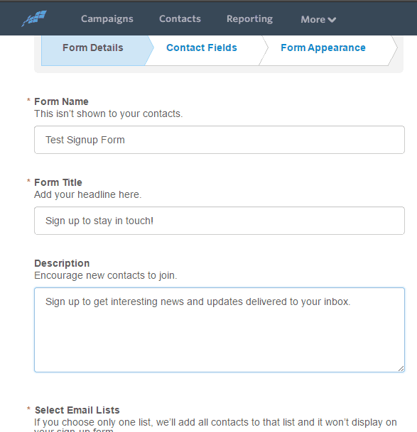 <p>Enter your Form Title and Description in the Form Details tab, then choose a list to add your new sign-ups to.</p>