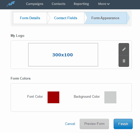 <p>To add an image file, change the font and background colors, go to the Form Appearance tab > Edit the relevant elements according to your preference.</p>