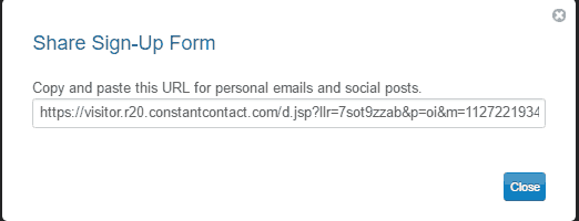 <p>To get the Form URL, click the Actions drop down button at  Web Sign-Up Forms page > Click on the link that pops up and copy it > Paste the link to your site, emails and social media pages.</p>