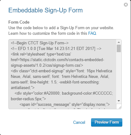 <p>To embed the form directly on your site, click the Actions drop down button at  Web Sign-Up Forms page > Click Embed Code > Copy the code and paste it to your website.</p>