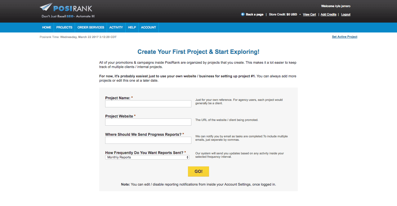 <p>Type in your Project Name, Project Website, email Address to send your Progress Reports, and the frequency of the reports you want. Click GO! You’ll be sent to a page that will provide you with a slideshow, click Next.</p>