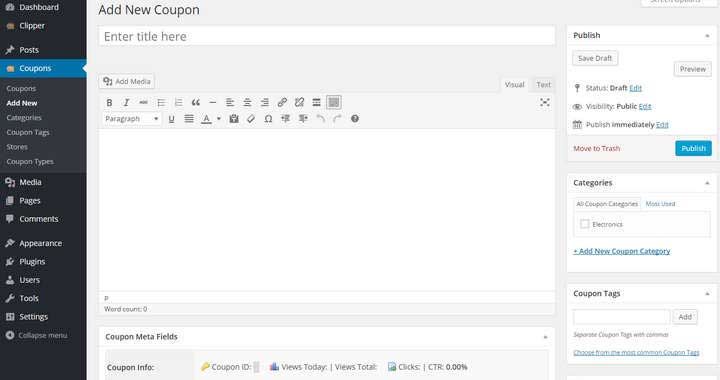 <p>To add coupons, click Add New > Publish. This will also allow for addition of coupons to a post or to a page.</p>