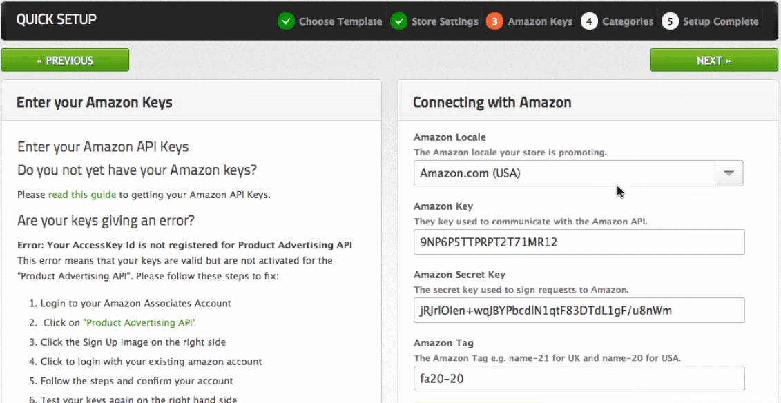 <p>Set up the Amazon locale that your store is promoting and click on Save and Test Keys > Next.</p>