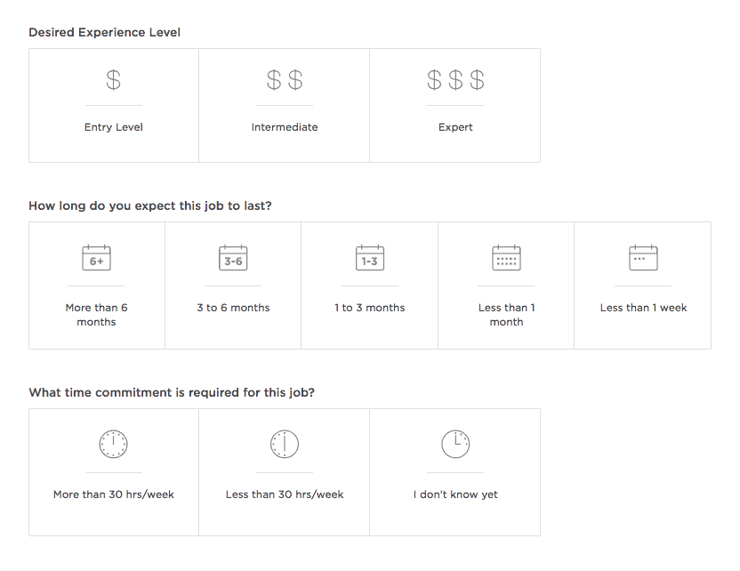 <p>Select an Experience Level, job duration, and required time commitment.</p>