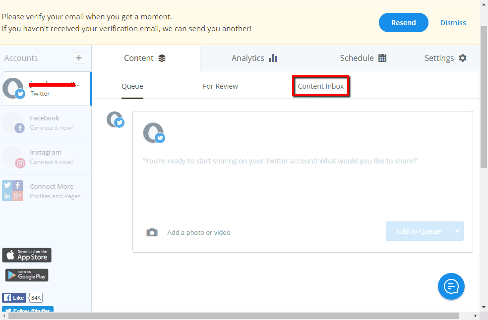 <p>Pick one of your social accounts from the left panel on the dashboard and click Content ? Content Inbox.</p>
