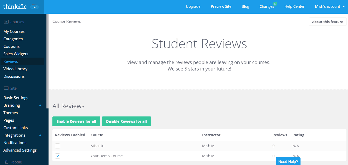 <p>Allow reviews by your course takers. Click Reviews > Click Enable Reviews for all.</p>