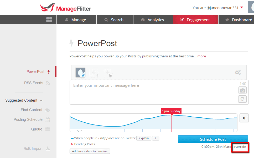 <p>ManageFlitter schedules your tweet for the most optimal time. But you can pick another one by clicking override.</p>