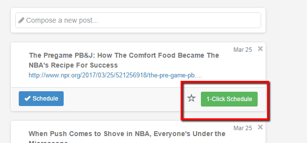 <p>Click 1- Click Schedule to schedule posts at a time decided by DrumUp in one click.</p>