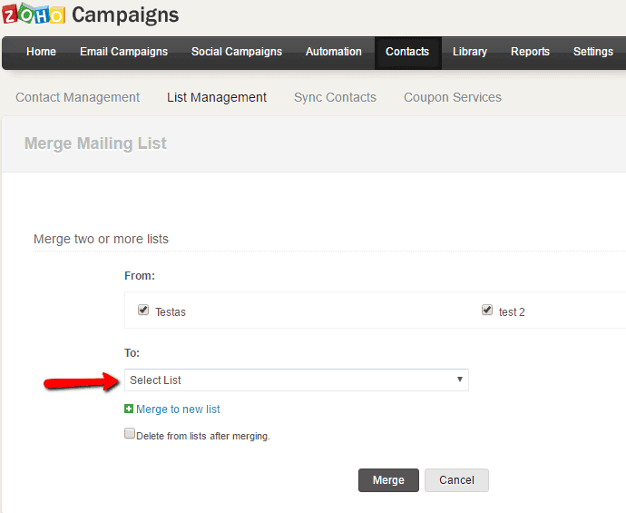 <p>Click the Select List dropdown > Choose the list you want to merge with.</p>