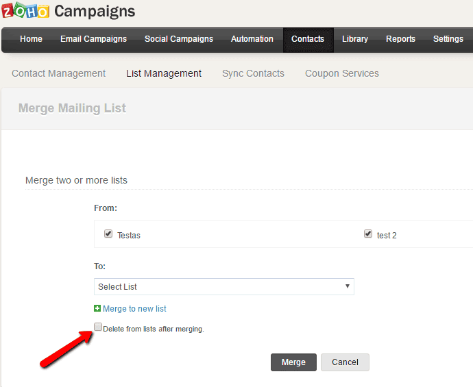 <p>Delete the existing mailing list after merging by clicking Delete the list after merging.</p>