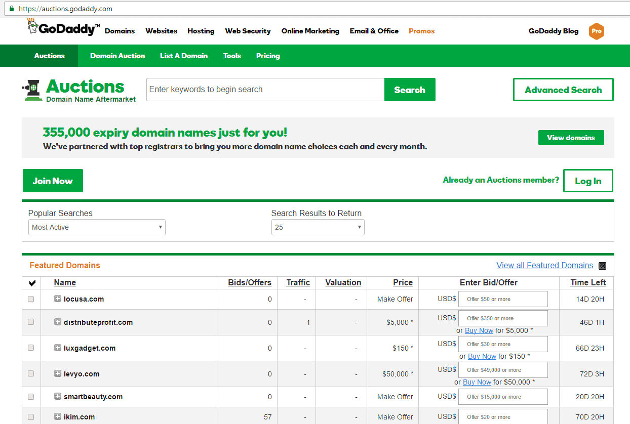 <p>Go to <a href="http://auctions.godaddy.com">http://auctions.godaddy.com</a> > Click Join Now > Purchase membership > Search for domains by entering a keyword in the search bar. You can also go through the listed domains listed in specific categories.</p>