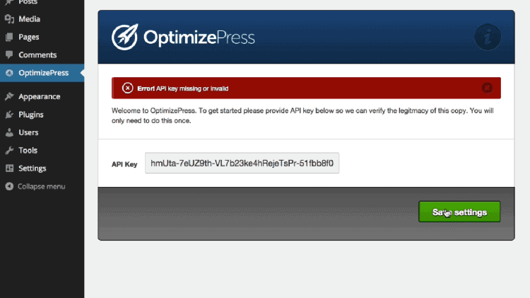 <p>Go to the OptimizePress tab on the left panel and enter the API key in the given space. You can find your API key on the Licensing tab on the OptimizePress site.</p>
