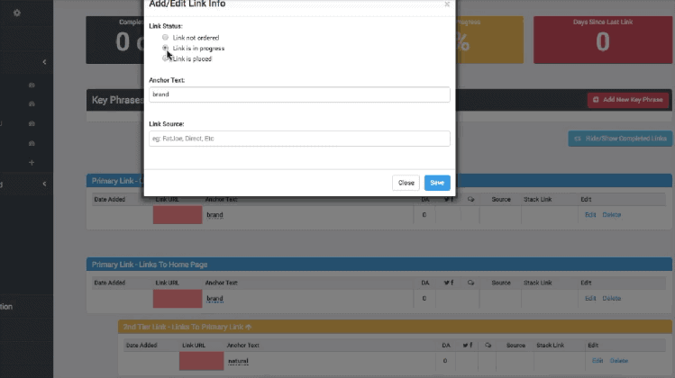 <p>Click on Edit to be able to add or edit link information such as the link status, the anchor text, and the link source. Click on save to finalize your link building. Repeat the process for every link and every page you are trying to build.</p>