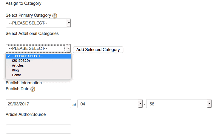 <p>Choose a category from the drop down > Enter the Publish Date, Time, Author/ Source. Choose to enable (or not) user comments > Click Save when done.</p>