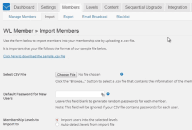 <p>To import existing members, go to WL Member > Import Members > Upload your .csv file > Choose the membership level the list will be imported to > Click Import Members.</p>