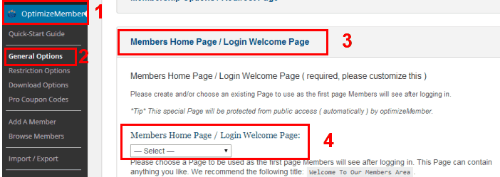 <p>Create a Members Welcome Page by going to Pages > Add Page and creating a welcome note for your members to see once they're logged in. Assign that by going to OptimizeMember > General Options > Members Welcome Page/Login Welcome Page > Select the page you've just created and click Save All Changes.</p>