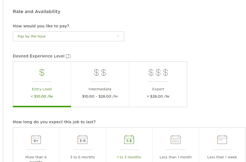 <p>Select the category, work type, currency, and budget that you will be allotting for the job > Click Post.</p>