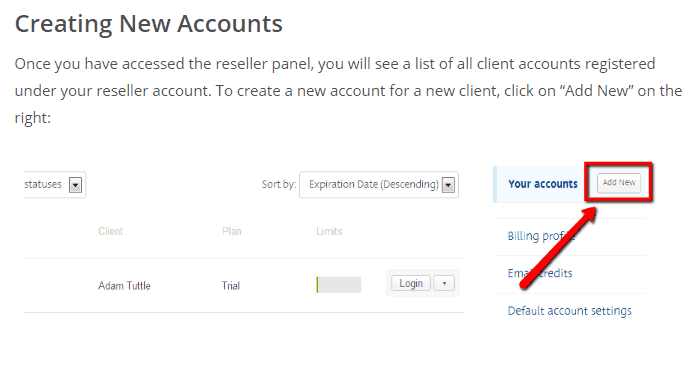 <p>Click Add New on the upper right to create a new account for your client.</p>