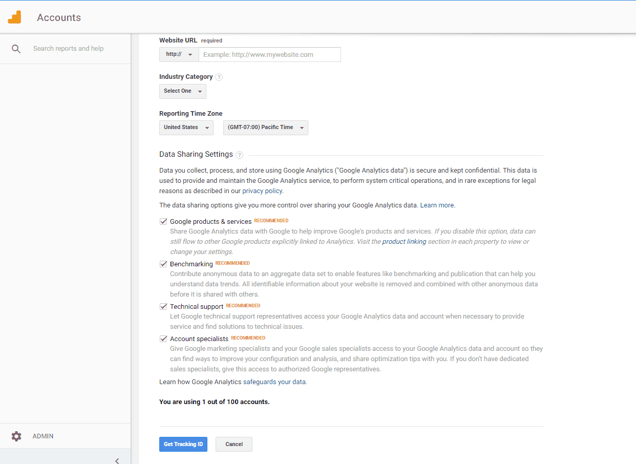 <p>Scroll down and enable or disable the given settings. Click Get Tracking ID when you're done.</p>