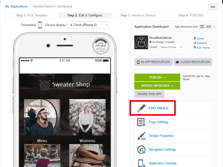 <p>On the Edit & Configure tab, you will find the device display and details about your app. Click Edit Pages on your right.</p>