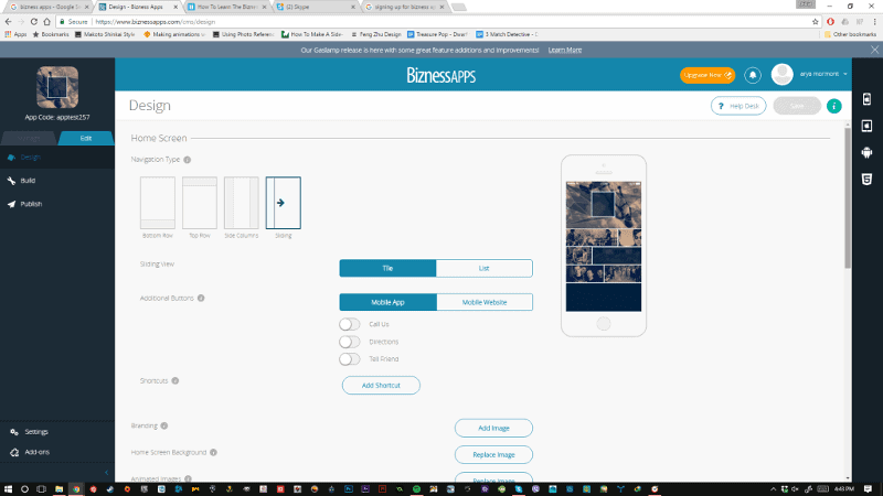 <p>On the Design tab on the left panel, click the Home Screen button on the left and pick a Navigation Type, Sliding View. Enable additional buttons like Call Us, Directions, Tell Friend. Choose whether or not you want to have a Navigation Buttons icon. If you do, choose the color, background, and text.</p>