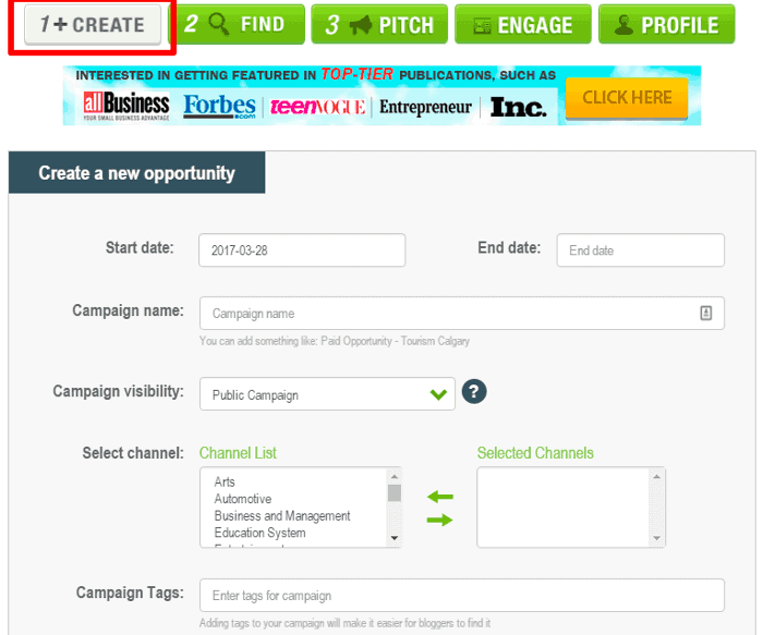 <p>On the Create tab, enter the required information: Start Date, End Date, Campaign Name, Campaign Visibility, Channel, Campaign Tags, Blogger Compensation, and Campaign Description.</p>