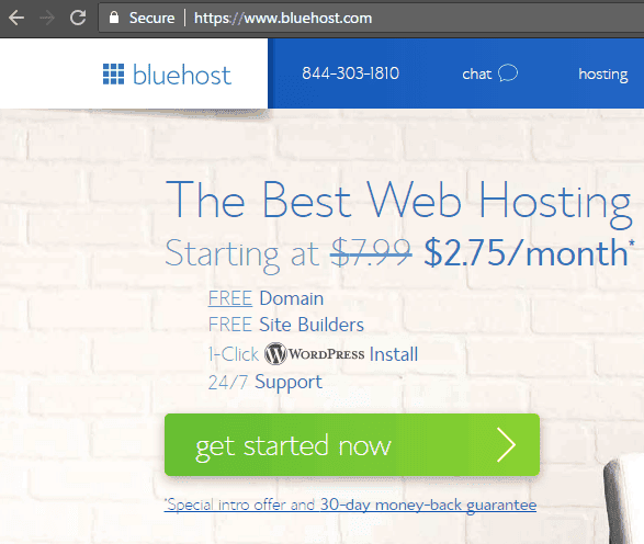 <p>At <a href="https://www.bluehost.com">https://www.bluehost.com</a>, click get started now.</p>