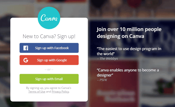 <p>Create your account at <a href="https://www.canva.com">https://www.canva.com</a>.</p>