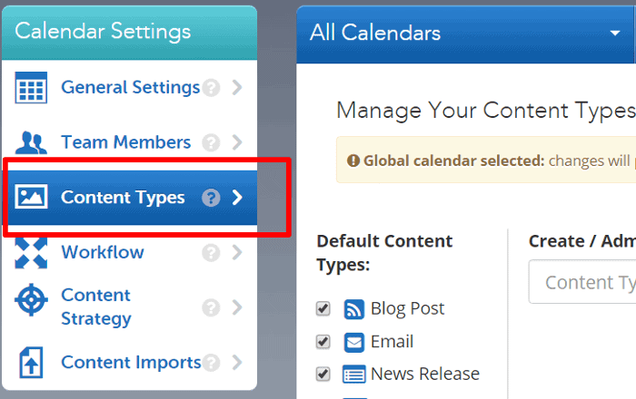 <p>Go to Calendar Settings > Content Types to customize the types of content you intend on managing for each calendar.</p>