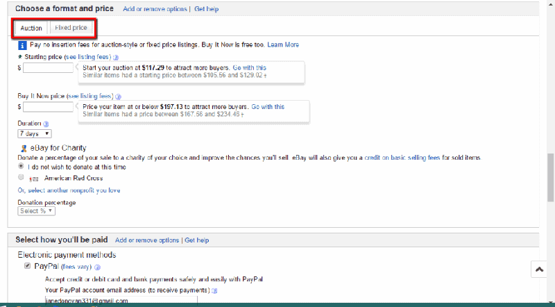 <p>To set whether you want to have your listing in an auction or sold at a fixed price, click the Auction or Fixed Price tab > Fill in the price > Enable/disable the other given options.</p>