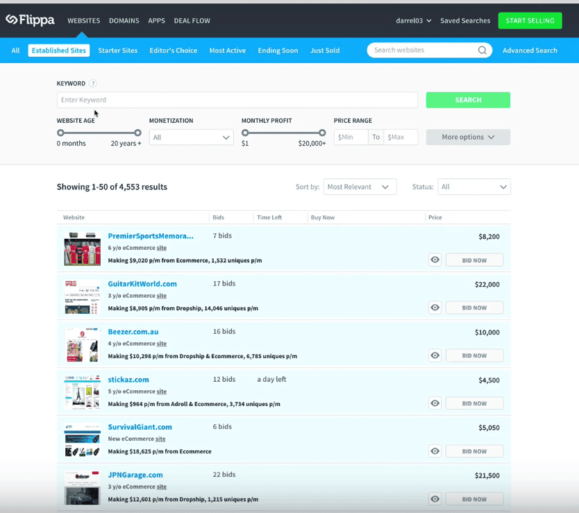 <p>At <a href="https://flippa.com">https://flippa.com</a>, search websites by clicking on the menu items. Check the reseller's information, traffic, income, backlink audit, the works > Make a bid by clicking Bid Now or buy the site right away.</p>