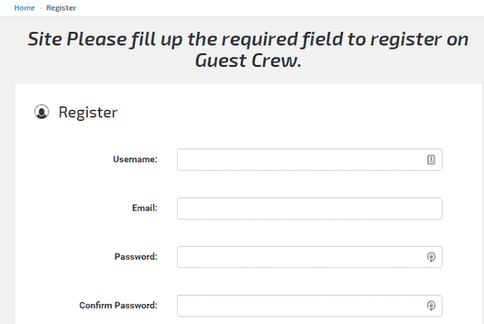 <p>Create your Guest Crew account at <a href="http://guestcrew.com">http://guestcrew.com</a> > Choose For Bloggers when logging in.</p>
