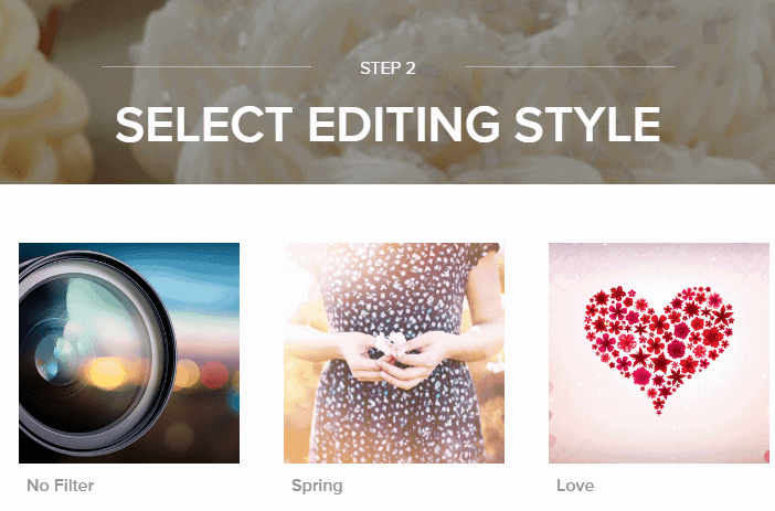 <p>Click Select Editing Styles. Click through the arrows and numbers in the gallery to see the styles available. Preview one by clicking the Play icon next to the name. To select, click Select Editing Style or Select.</p>