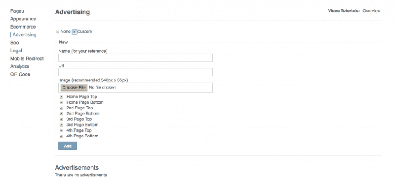 <p>Go to Advertising > Click Custom in order to upload banners and ads to your app > Click Add when you're done.</p>