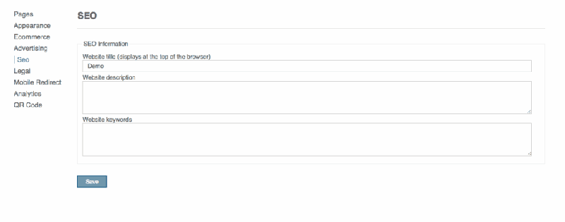 <p>Click SEO > Enter your website title, description, and keywords > Click Save.</p>