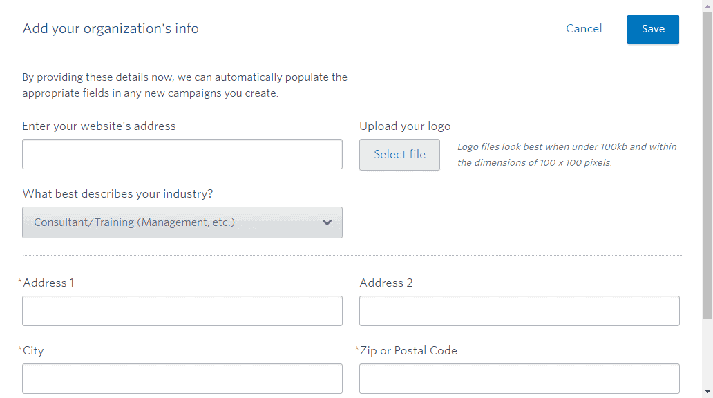 <p>Enter the required information and upload your logo > Click Save.</p>