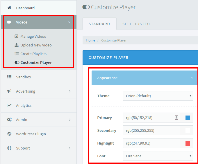 <p>Click Videos from the left panel > Click Customize Player > Click the drop down beside Theme to choose one > Customize element colors by clicking on the color options boxes > Click Save Changes once finalized. </p>